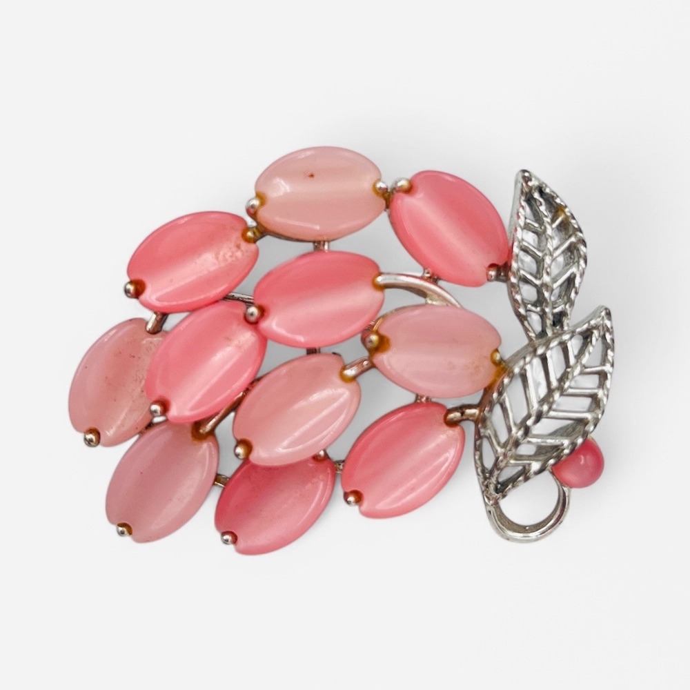 Vintage Lisner Pink Silver‎ Pin Brooch Thermoset Lucite Leaves Leaf Floral